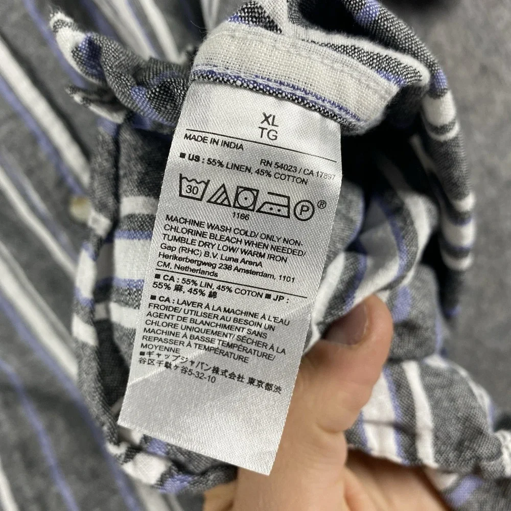 Banana Republic Linen Shirt Men's XL Slim‎ Striped Short Sleeve Gray Blue Summer